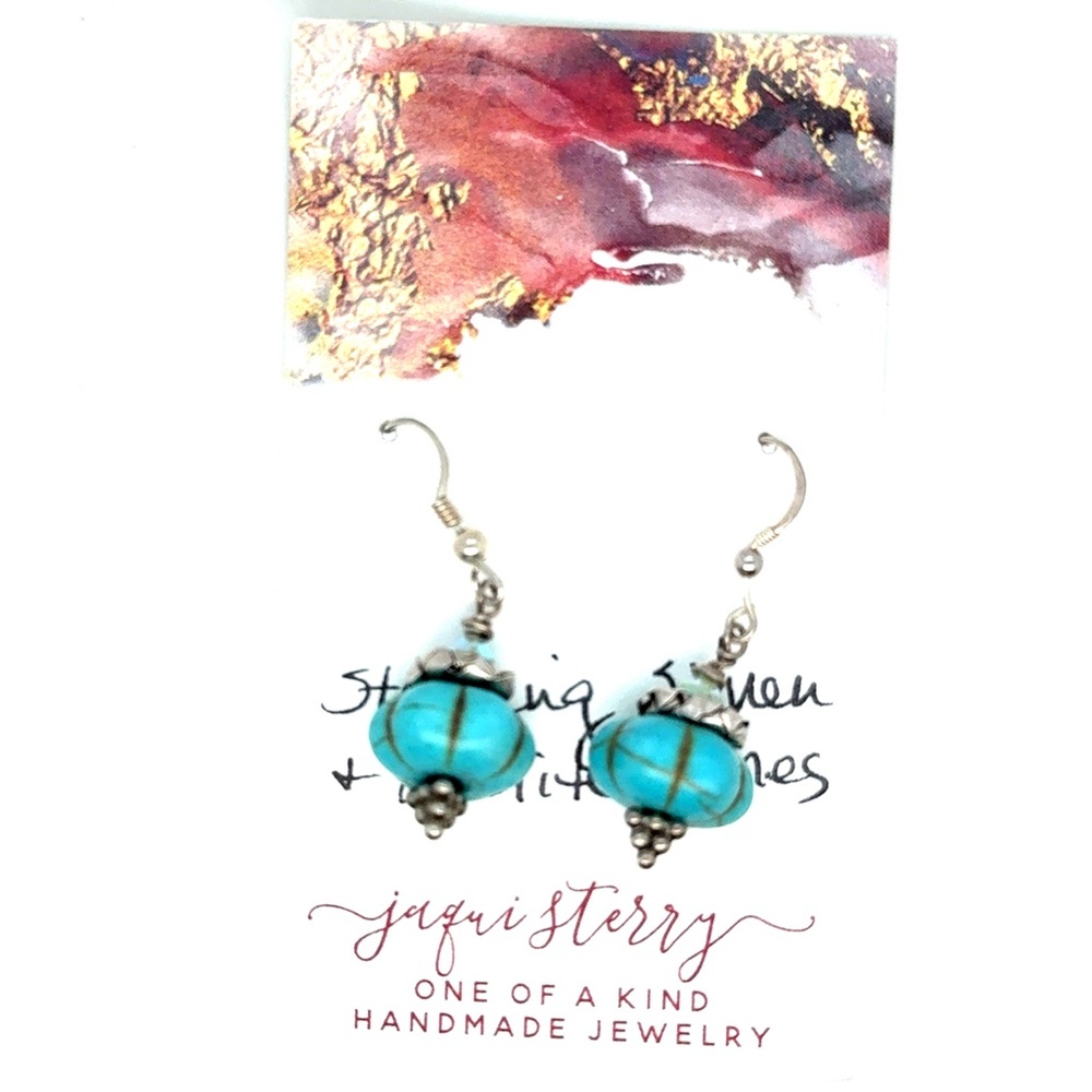 Turquoise Glass Bead Drop Earrings - Handmade